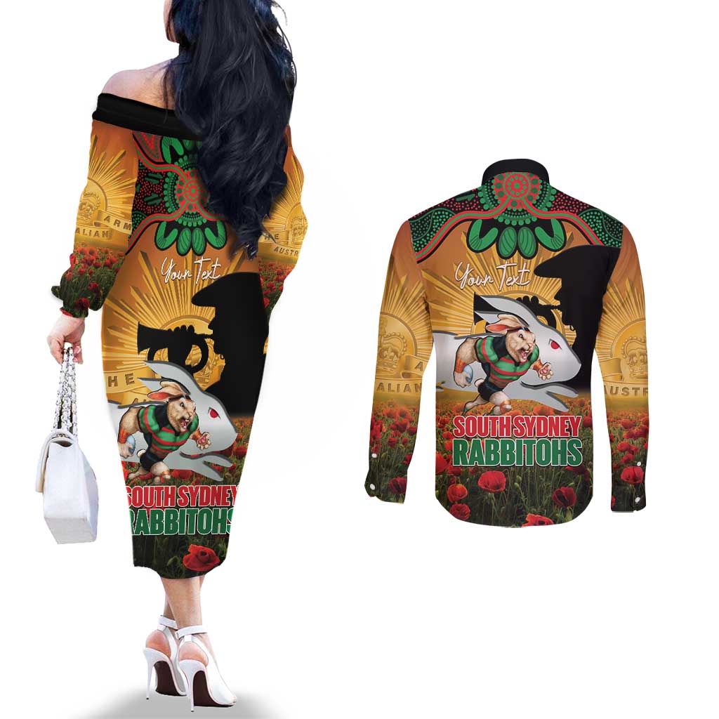 Personalised Rabbitohs Rugby ANZAC Day Couples Matching Off The Shoulder Long Sleeve Dress and Long Sleeve Button Shirt Last Post Poppy We Will Remember Them