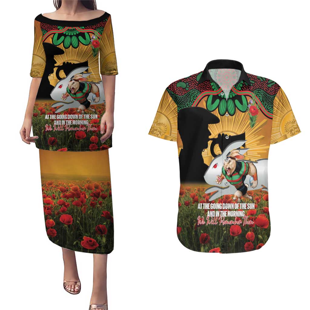Personalised Rabbitohs Rugby ANZAC Day Couples Matching Puletasi and Hawaiian Shirt Last Post Poppy We Will Remember Them