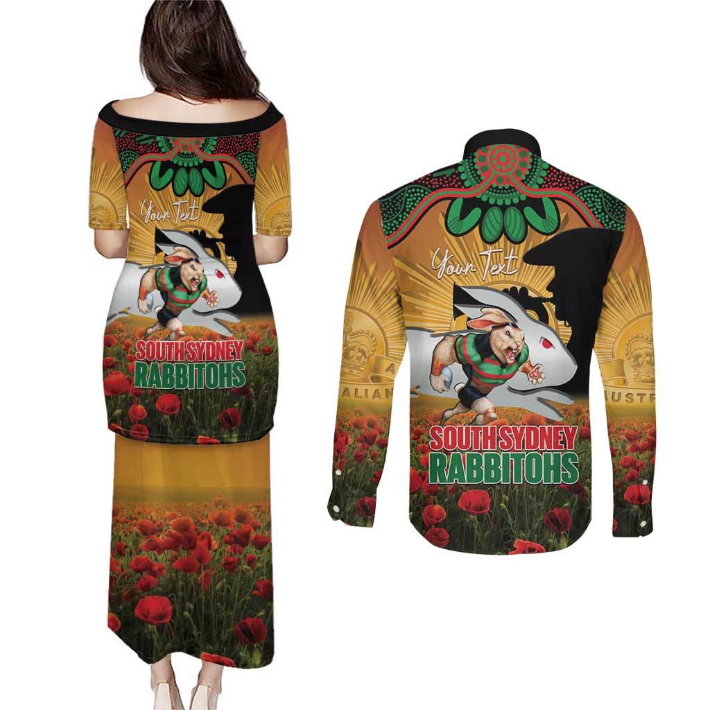 Personalised Rabbitohs Rugby ANZAC Day Couples Matching Puletasi and Long Sleeve Button Shirt Last Post Poppy We Will Remember Them