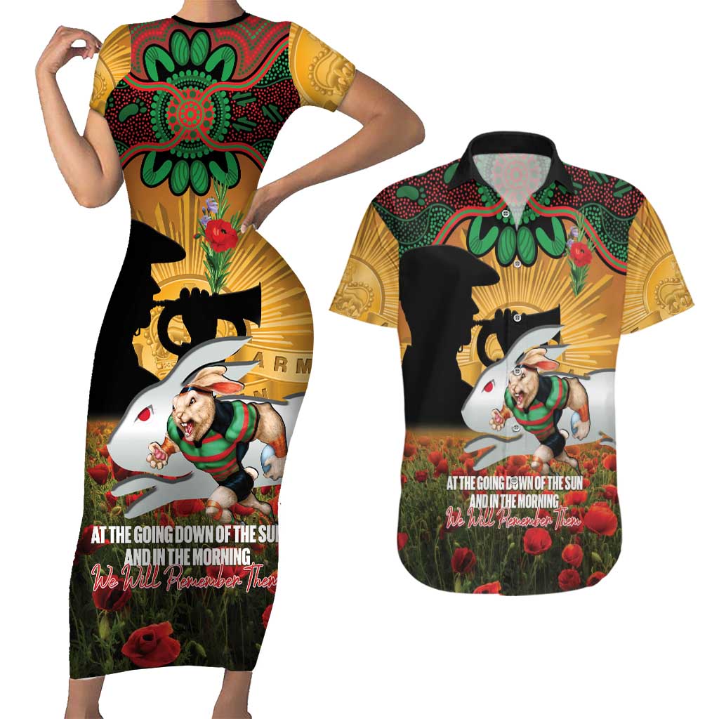 Personalised Rabbitohs Rugby ANZAC Day Couples Matching Short Sleeve Bodycon Dress and Hawaiian Shirt Last Post Poppy We Will Remember Them