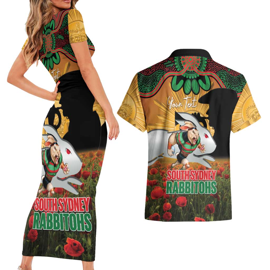 Personalised Rabbitohs Rugby ANZAC Day Couples Matching Short Sleeve Bodycon Dress and Hawaiian Shirt Last Post Poppy We Will Remember Them