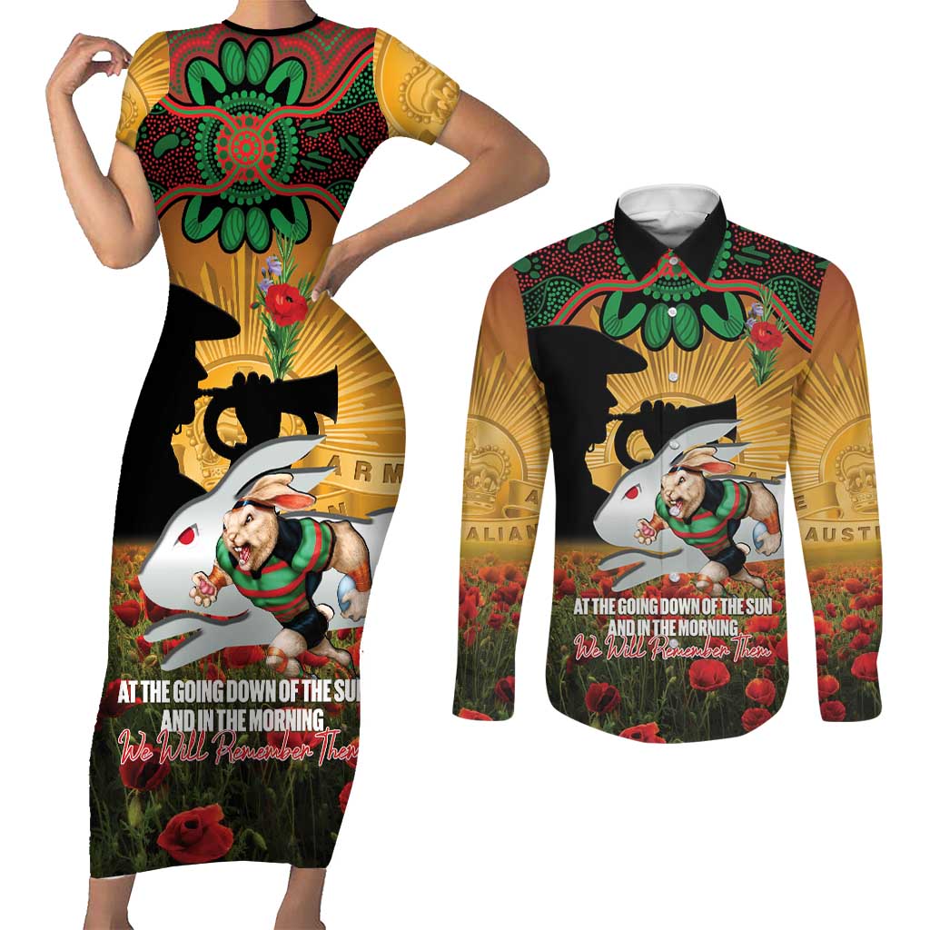 Personalised Rabbitohs Rugby ANZAC Day Couples Matching Short Sleeve Bodycon Dress and Long Sleeve Button Shirt Last Post Poppy We Will Remember Them