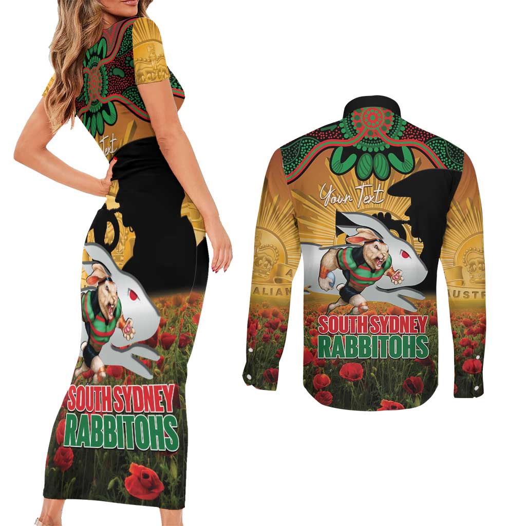 Personalised Rabbitohs Rugby ANZAC Day Couples Matching Short Sleeve Bodycon Dress and Long Sleeve Button Shirt Last Post Poppy We Will Remember Them