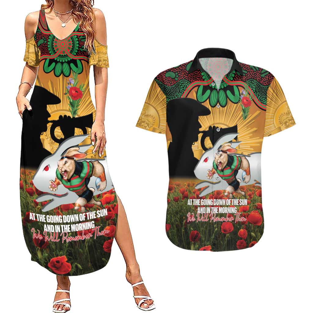 Personalised Rabbitohs Rugby ANZAC Day Couples Matching Summer Maxi Dress and Hawaiian Shirt Last Post Poppy We Will Remember Them