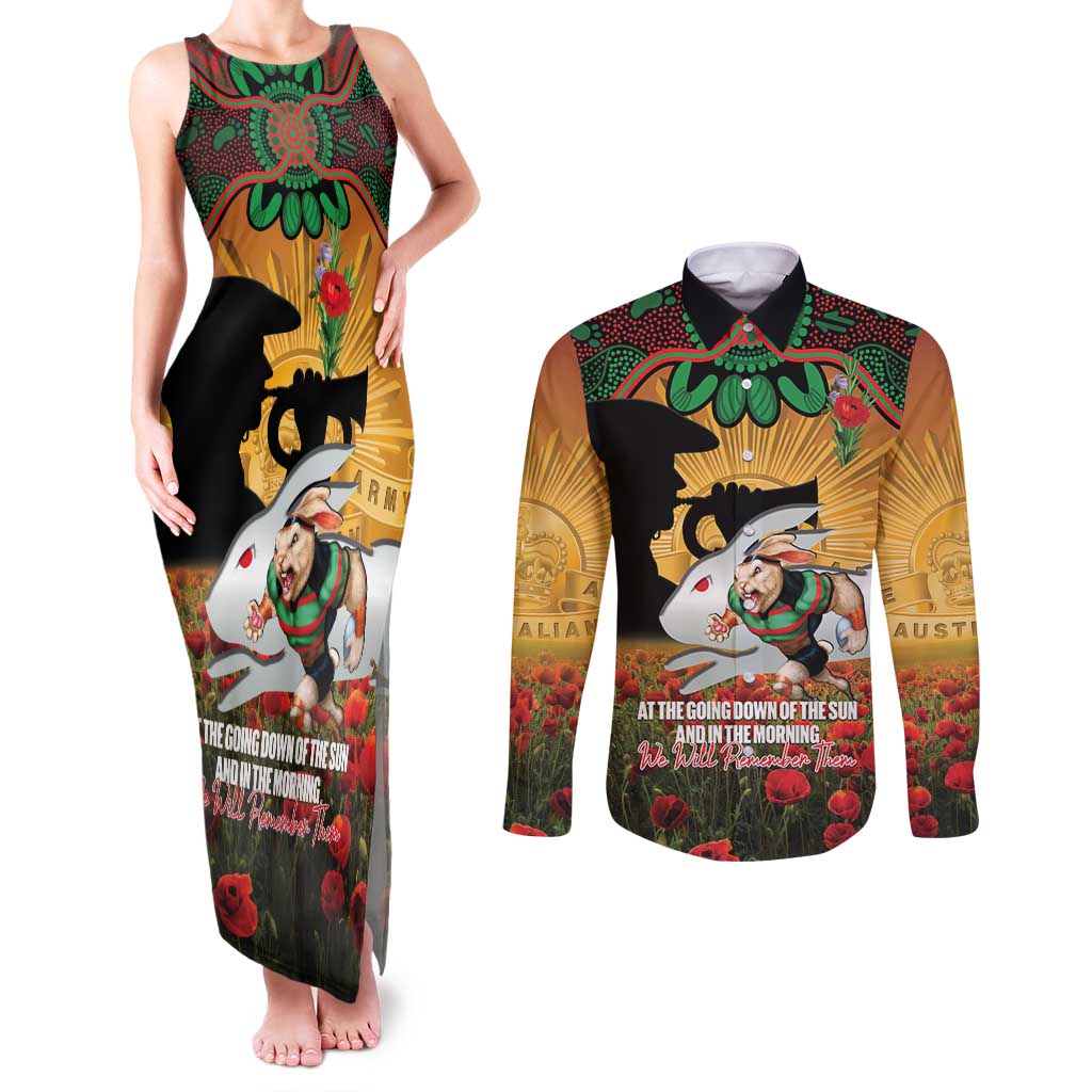 Personalised Rabbitohs Rugby ANZAC Day Couples Matching Tank Maxi Dress and Long Sleeve Button Shirt Last Post Poppy We Will Remember Them