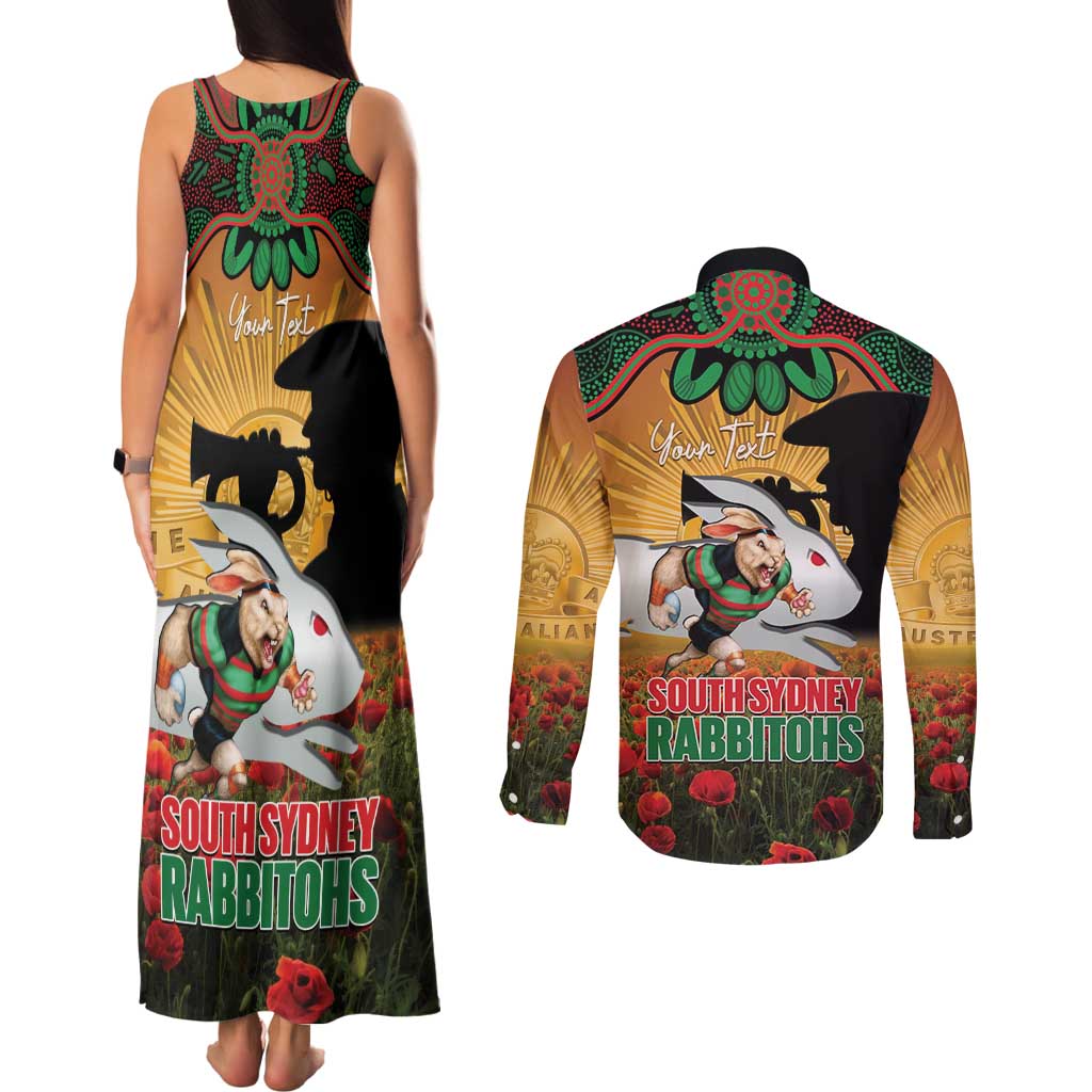 Personalised Rabbitohs Rugby ANZAC Day Couples Matching Tank Maxi Dress and Long Sleeve Button Shirt Last Post Poppy We Will Remember Them