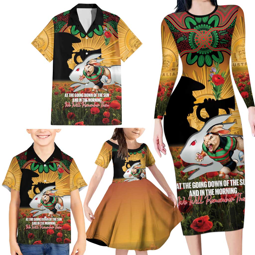 Personalised Rabbitohs Rugby ANZAC Day Family Matching Long Sleeve Bodycon Dress and Hawaiian Shirt Last Post Poppy We Will Remember Them