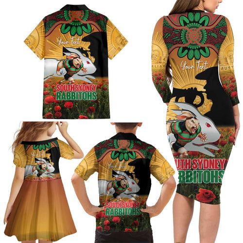 Personalised Rabbitohs Rugby ANZAC Day Family Matching Long Sleeve Bodycon Dress and Hawaiian Shirt Last Post Poppy We Will Remember Them