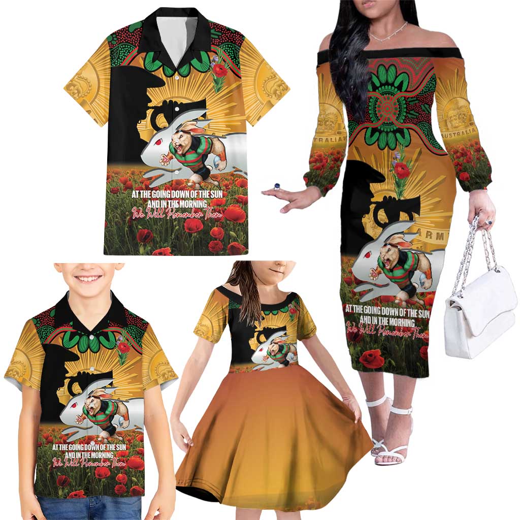 Personalised Rabbitohs Rugby ANZAC Day Family Matching Off The Shoulder Long Sleeve Dress and Hawaiian Shirt Last Post Poppy We Will Remember Them