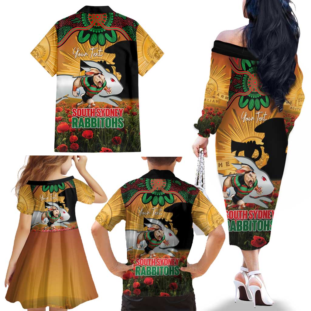 Personalised Rabbitohs Rugby ANZAC Day Family Matching Off The Shoulder Long Sleeve Dress and Hawaiian Shirt Last Post Poppy We Will Remember Them