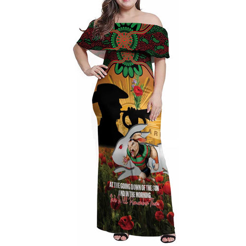 Personalised Rabbitohs Rugby ANZAC Day Family Matching Off Shoulder Maxi Dress and Hawaiian Shirt Last Post Poppy We Will Remember Them