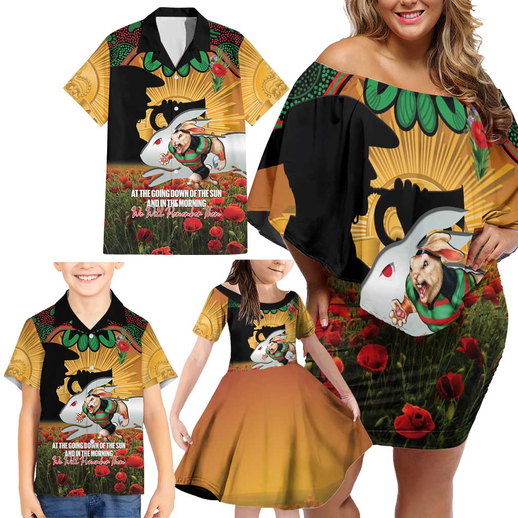 Personalised Rabbitohs Rugby ANZAC Day Family Matching Off Shoulder Short Dress and Hawaiian Shirt Last Post Poppy We Will Remember Them