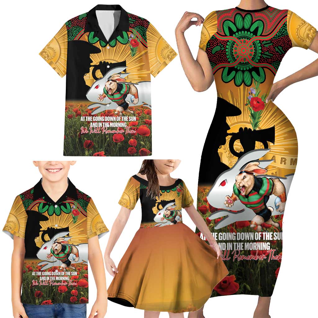 Personalised Rabbitohs Rugby ANZAC Day Family Matching Short Sleeve Bodycon Dress and Hawaiian Shirt Last Post Poppy We Will Remember Them