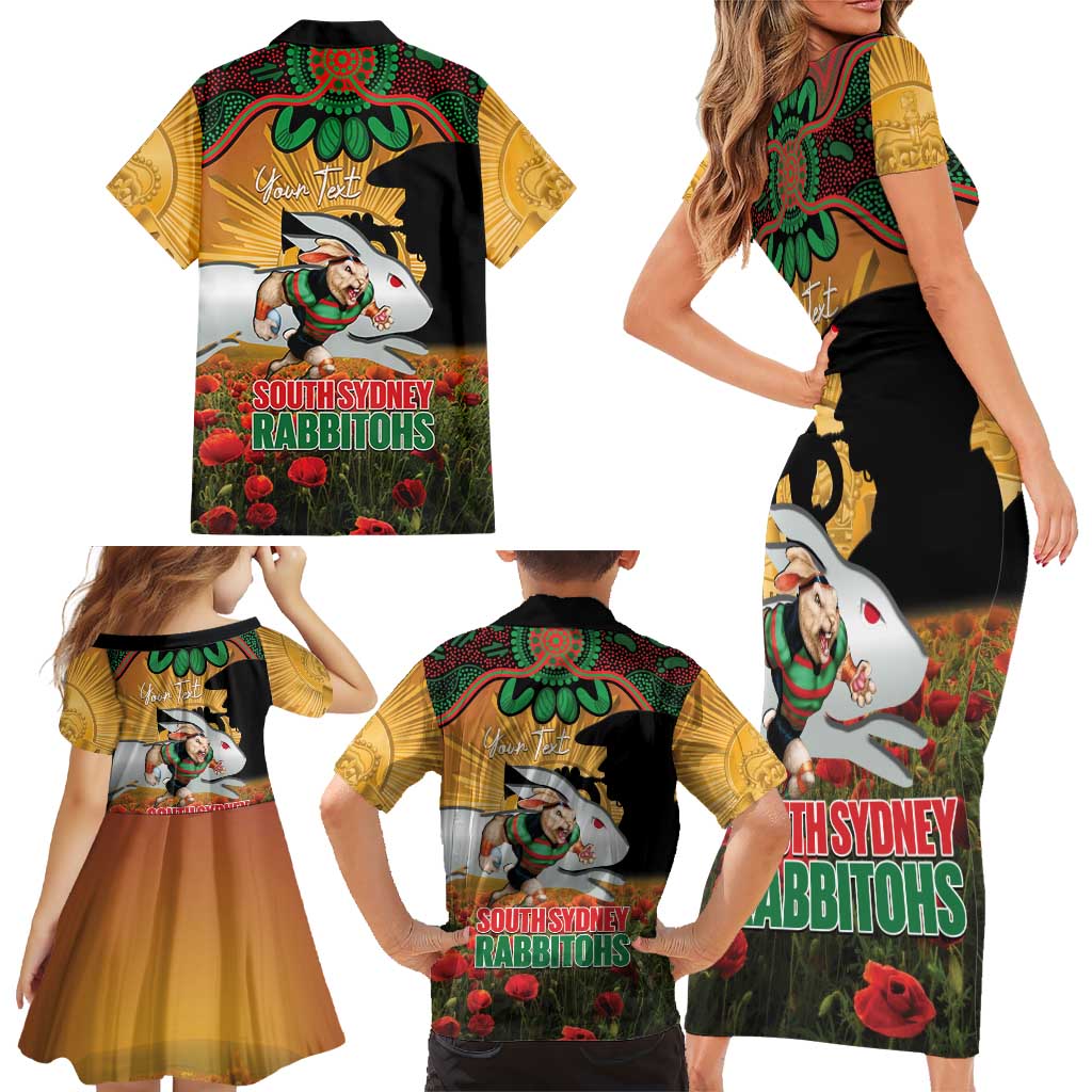 Personalised Rabbitohs Rugby ANZAC Day Family Matching Short Sleeve Bodycon Dress and Hawaiian Shirt Last Post Poppy We Will Remember Them