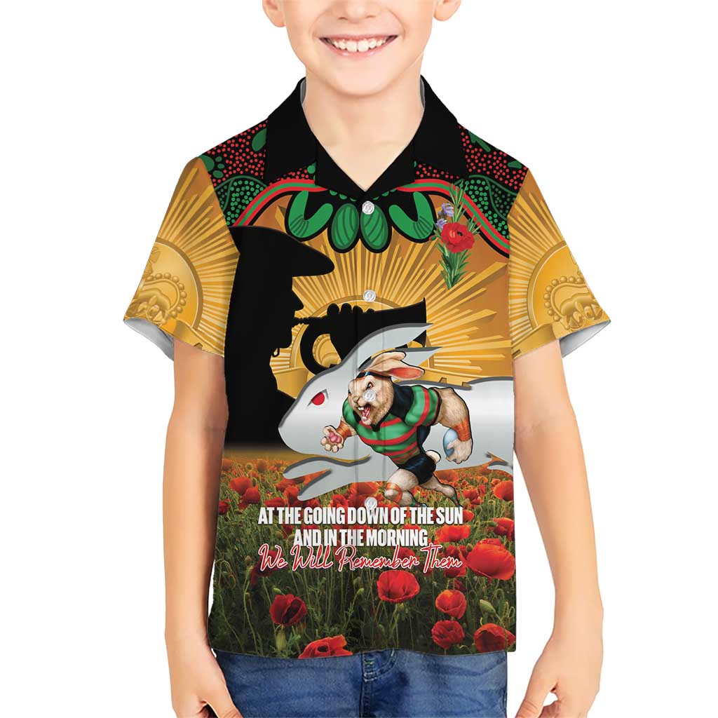 Personalised Rabbitohs Rugby ANZAC Day Kid Hawaiian Shirt Last Post Poppy We Will Remember Them
