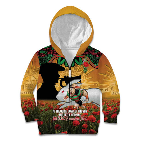 Personalised Rabbitohs Rugby ANZAC Day Kid Hoodie Last Post Poppy We Will Remember Them