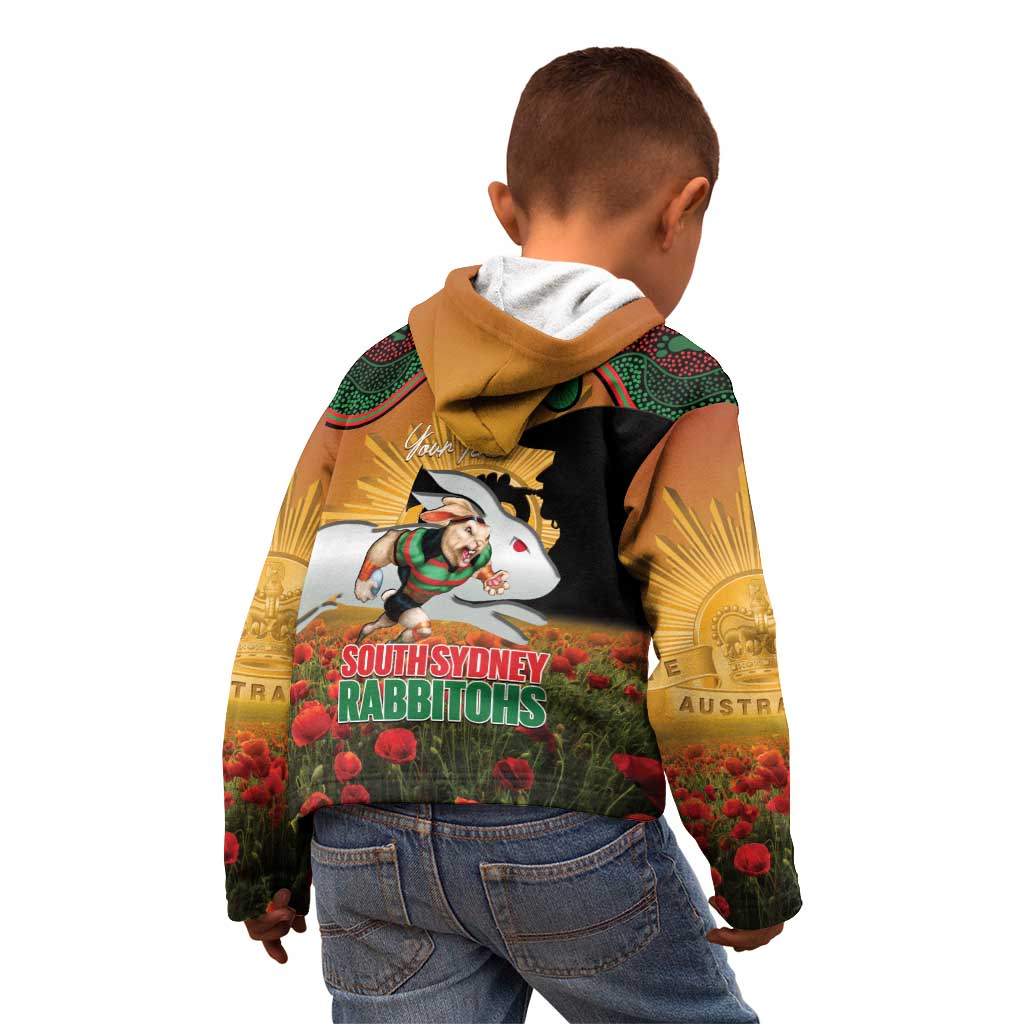 Personalised Rabbitohs Rugby ANZAC Day Kid Hoodie Last Post Poppy We Will Remember Them