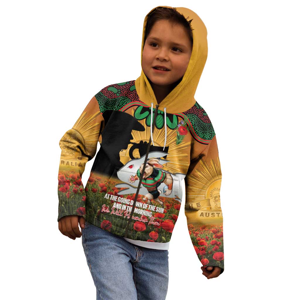 Personalised Rabbitohs Rugby ANZAC Day Kid Hoodie Last Post Poppy We Will Remember Them