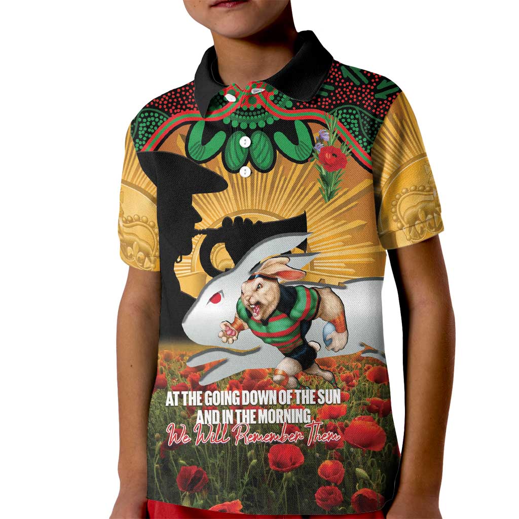 Personalised Rabbitohs Rugby ANZAC Day Kid Polo Shirt Last Post Poppy We Will Remember Them