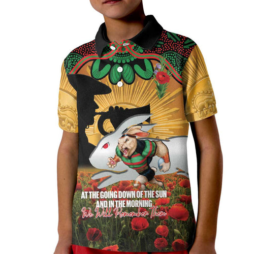 Personalised Rabbitohs Rugby ANZAC Day Kid Polo Shirt Last Post Poppy We Will Remember Them