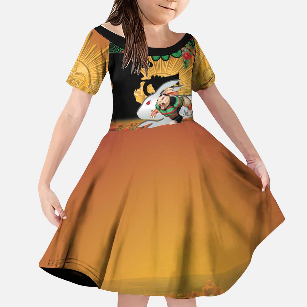 Personalised Rabbitohs Rugby ANZAC Day Kid Short Sleeve Dress Last Post Poppy We Will Remember Them