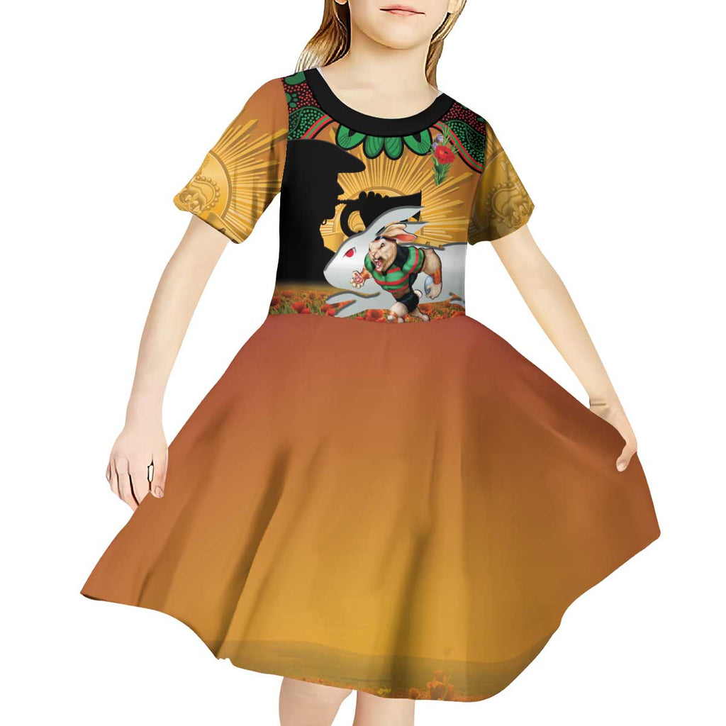 Personalised Rabbitohs Rugby ANZAC Day Kid Short Sleeve Dress Last Post Poppy We Will Remember Them