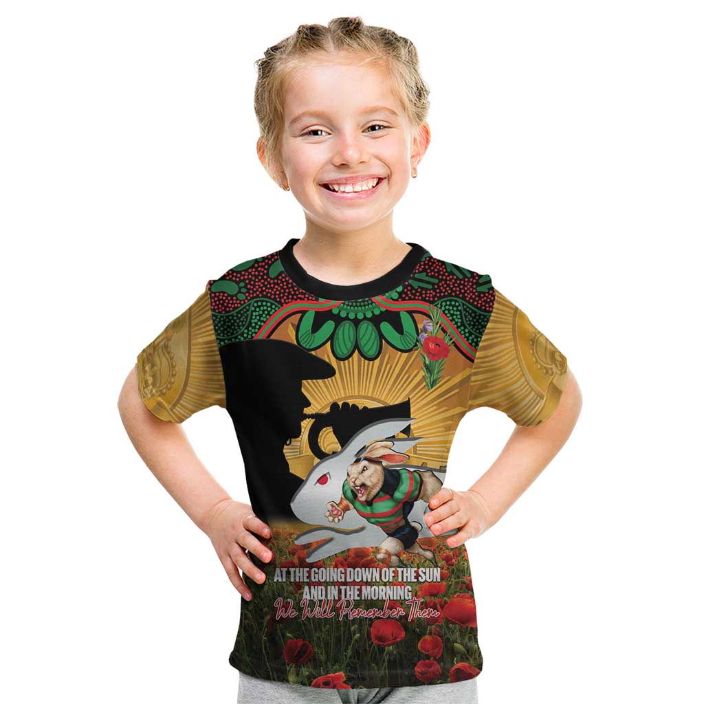 Personalised Rabbitohs Rugby ANZAC Day Kid T Shirt Last Post Poppy We Will Remember Them