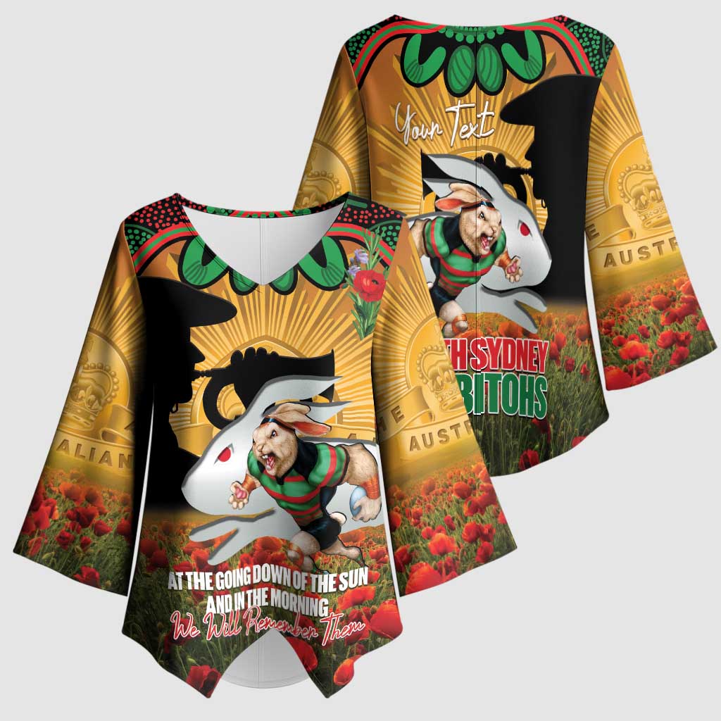 Personalised Rabbitohs Rugby ANZAC Day Kimono Sleeve Blouse Last Post Poppy We Will Remember Them