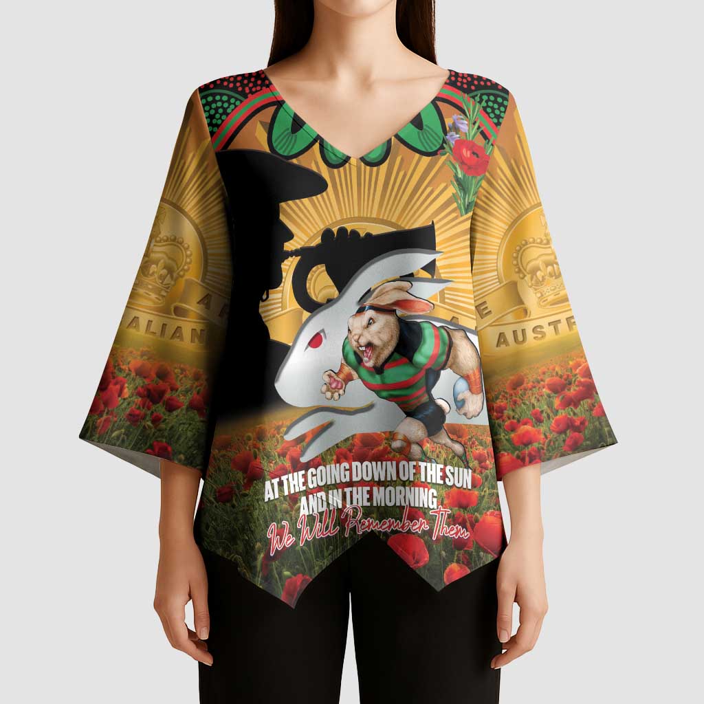 Personalised Rabbitohs Rugby ANZAC Day Kimono Sleeve Blouse Last Post Poppy We Will Remember Them
