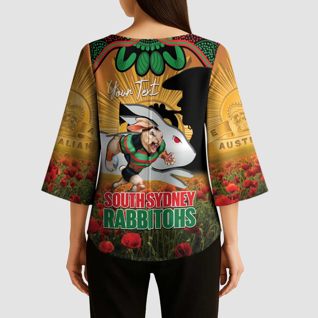 Personalised Rabbitohs Rugby ANZAC Day Kimono Sleeve Blouse Last Post Poppy We Will Remember Them