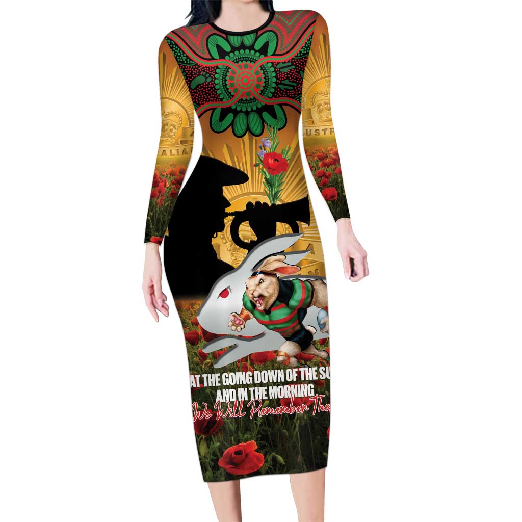 Personalised Rabbitohs Rugby ANZAC Day Long Sleeve Bodycon Dress Last Post Poppy We Will Remember Them