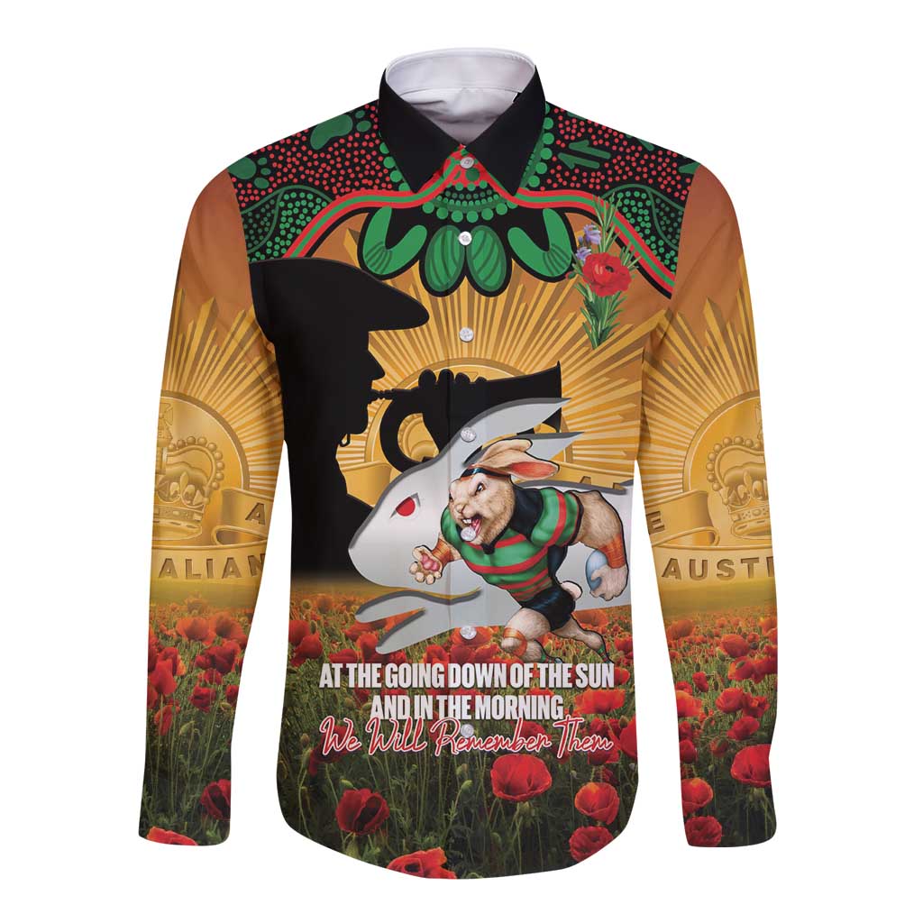 Personalised Rabbitohs Rugby ANZAC Day Long Sleeve Button Shirt Last Post Poppy We Will Remember Them