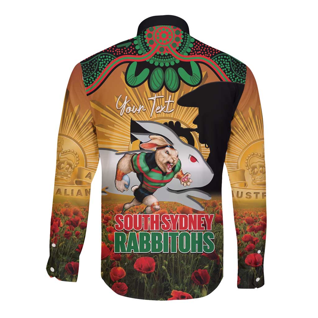 Personalised Rabbitohs Rugby ANZAC Day Long Sleeve Button Shirt Last Post Poppy We Will Remember Them