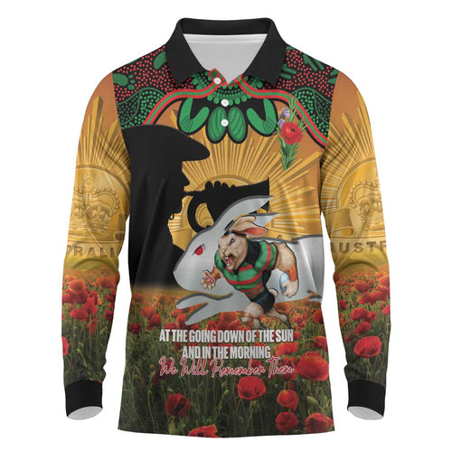 Personalised Rabbitohs Rugby ANZAC Day Long Sleeve Polo Shirt Last Post Poppy We Will Remember Them