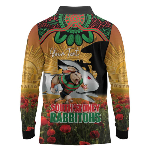 Personalised Rabbitohs Rugby ANZAC Day Long Sleeve Polo Shirt Last Post Poppy We Will Remember Them