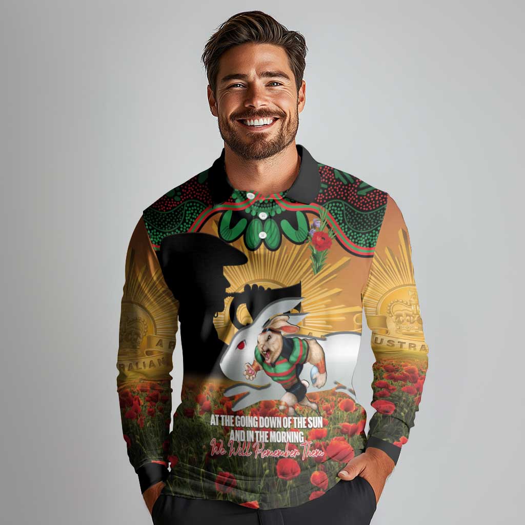 Personalised Rabbitohs Rugby ANZAC Day Long Sleeve Polo Shirt Last Post Poppy We Will Remember Them