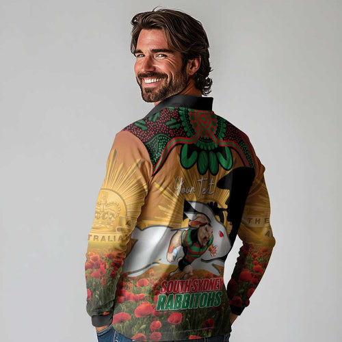 Personalised Rabbitohs Rugby ANZAC Day Long Sleeve Polo Shirt Last Post Poppy We Will Remember Them