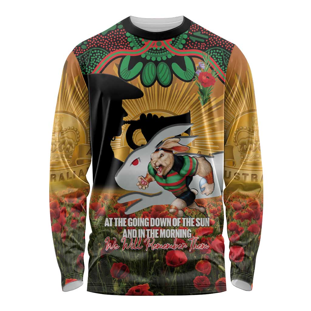 Personalised Rabbitohs Rugby ANZAC Day Long Sleeve Shirt Last Post Poppy We Will Remember Them