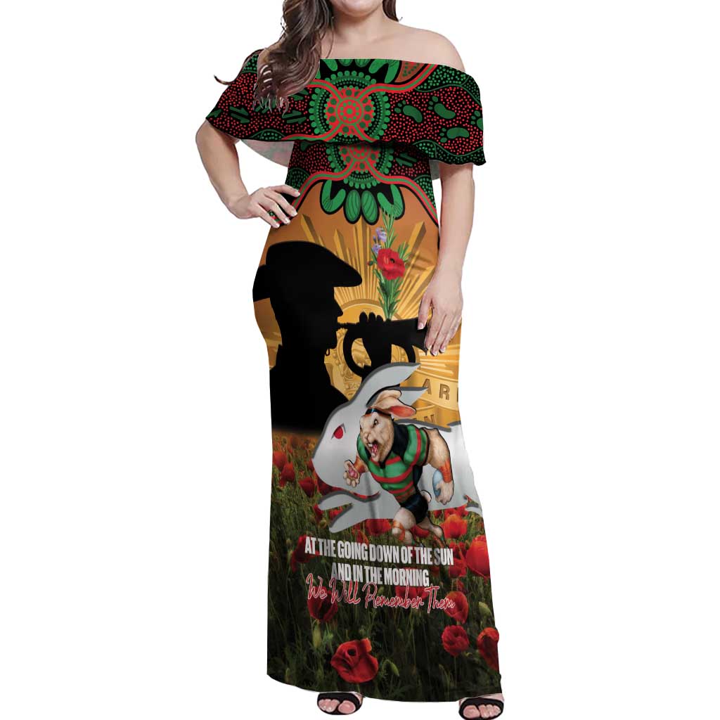Personalised Rabbitohs Rugby ANZAC Day Off Shoulder Maxi Dress Last Post Poppy We Will Remember Them