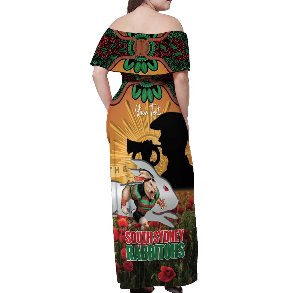 Personalised Rabbitohs Rugby ANZAC Day Off Shoulder Maxi Dress Last Post Poppy We Will Remember Them