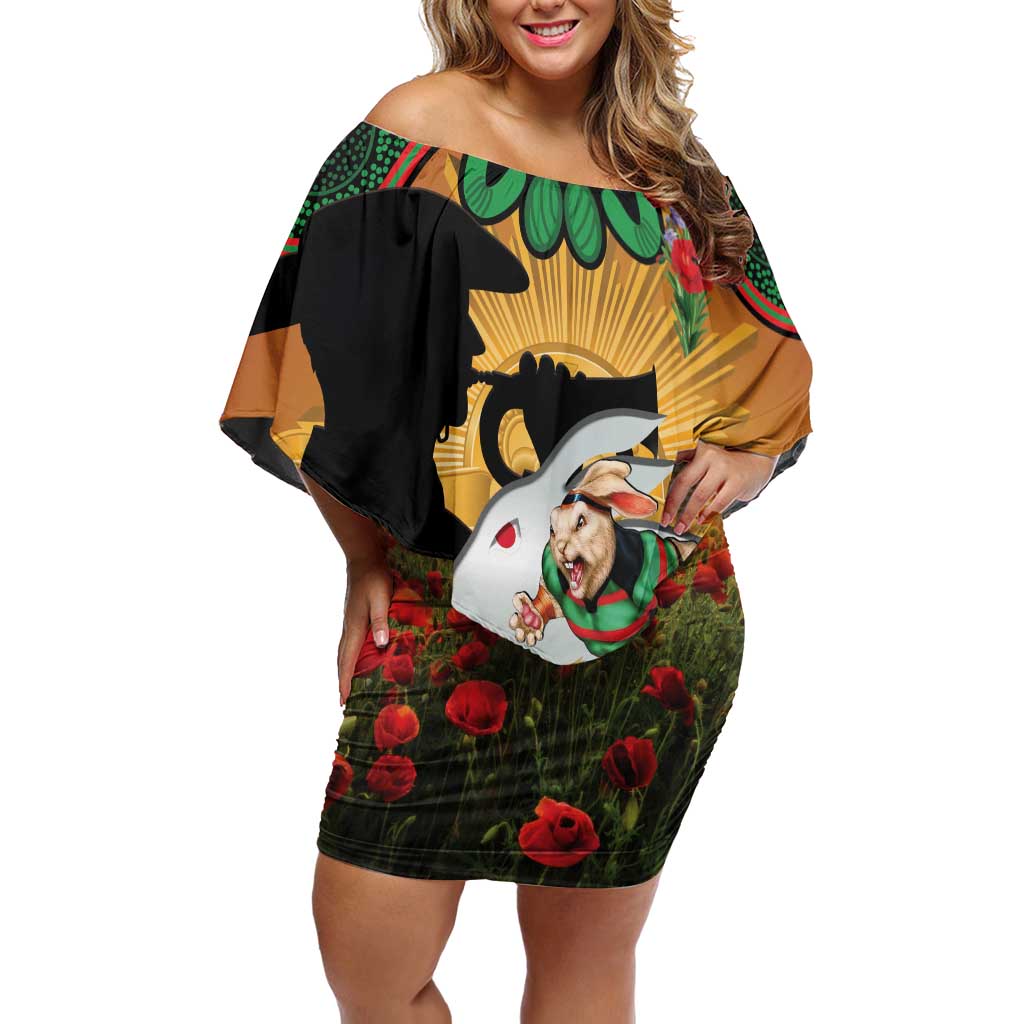 Personalised Rabbitohs Rugby ANZAC Day Off Shoulder Short Dress Last Post Poppy We Will Remember Them