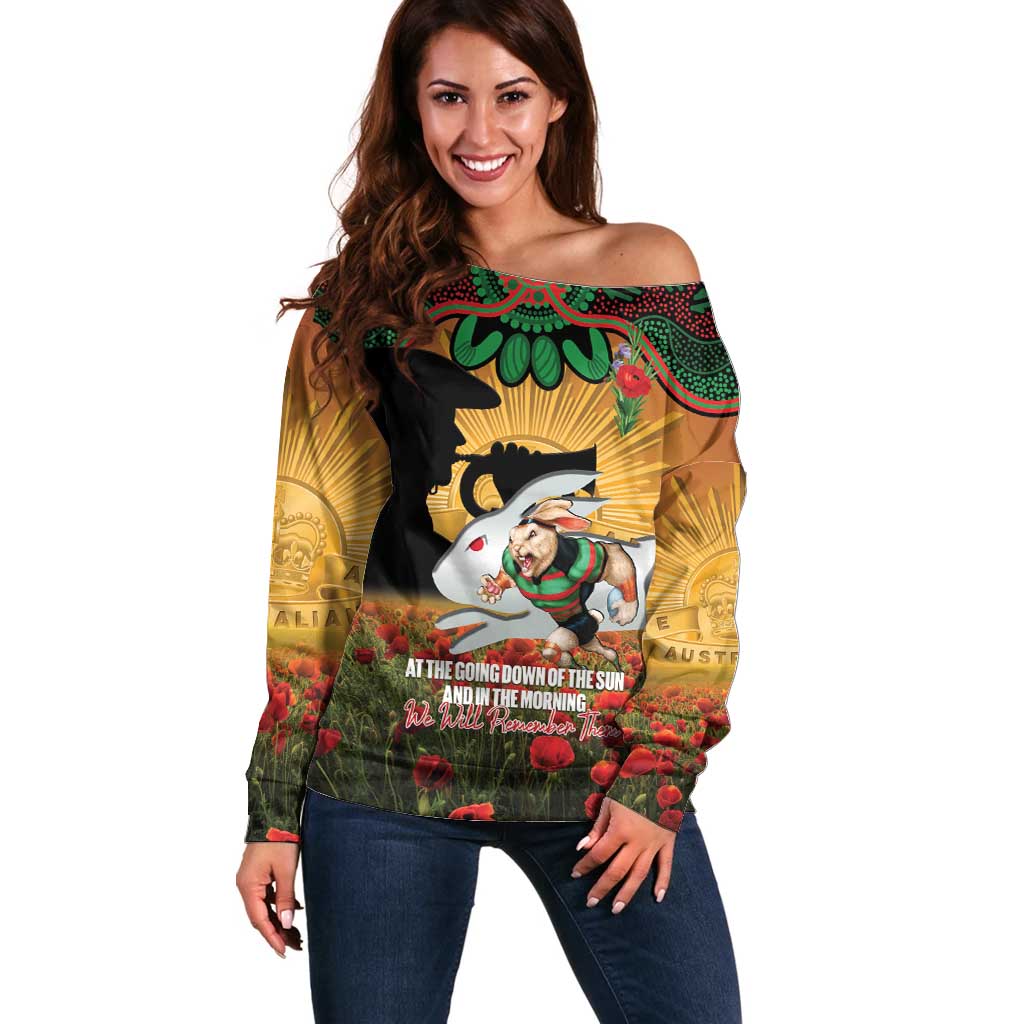 Personalised Rabbitohs Rugby ANZAC Day Off Shoulder Sweater Last Post Poppy We Will Remember Them