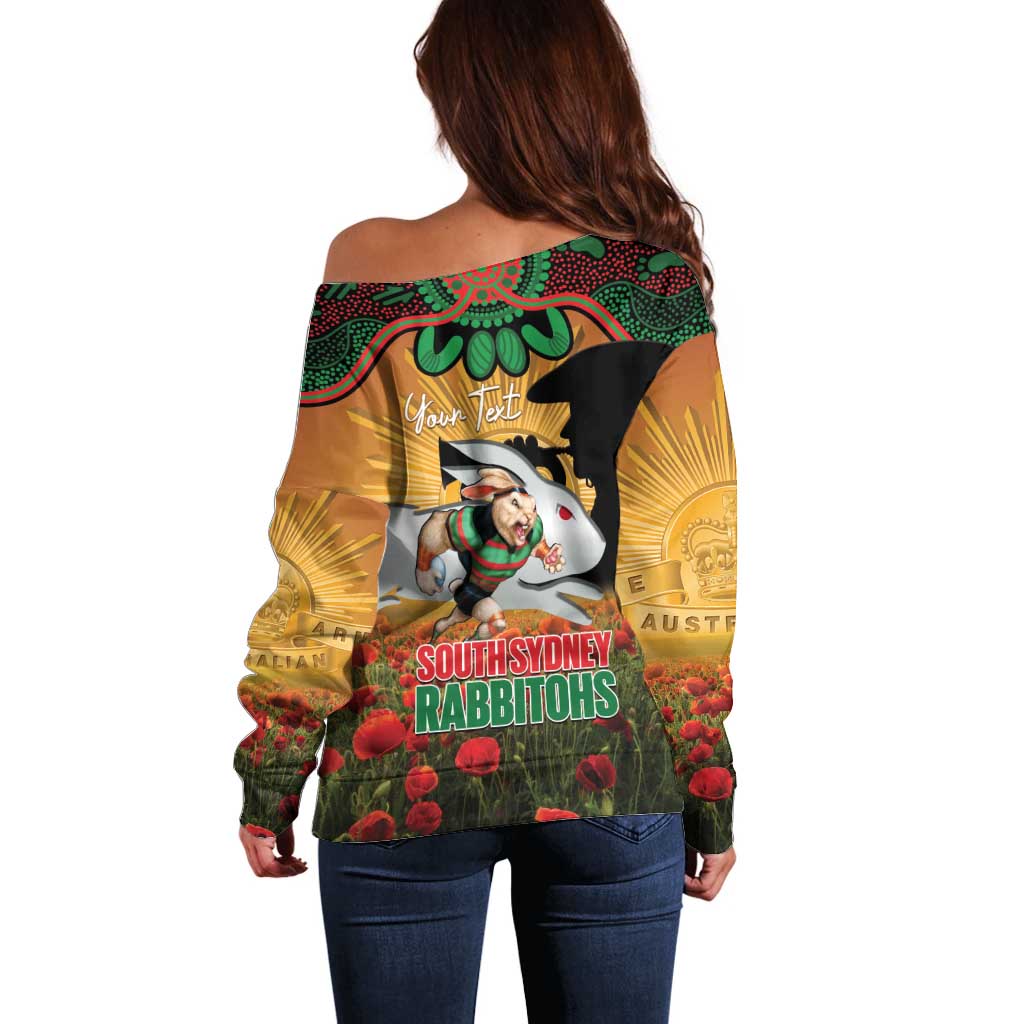 Personalised Rabbitohs Rugby ANZAC Day Off Shoulder Sweater Last Post Poppy We Will Remember Them