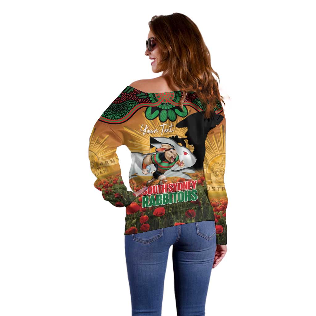 Personalised Rabbitohs Rugby ANZAC Day Off Shoulder Sweater Last Post Poppy We Will Remember Them