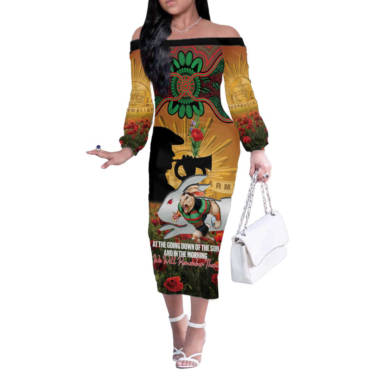 Personalised Rabbitohs Rugby ANZAC Day Off The Shoulder Long Sleeve Dress Last Post Poppy We Will Remember Them