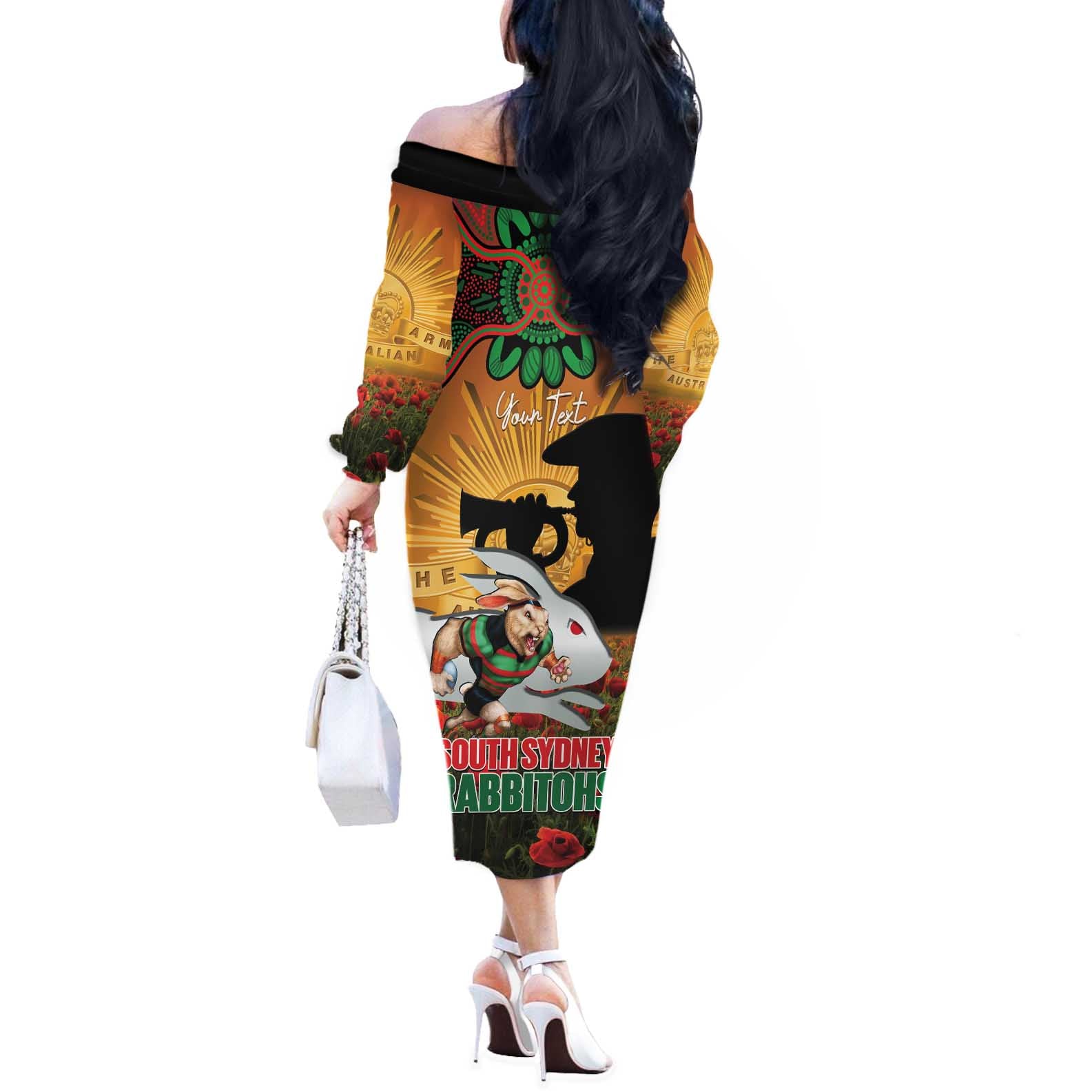 Personalised Rabbitohs Rugby ANZAC Day Off The Shoulder Long Sleeve Dress Last Post Poppy We Will Remember Them