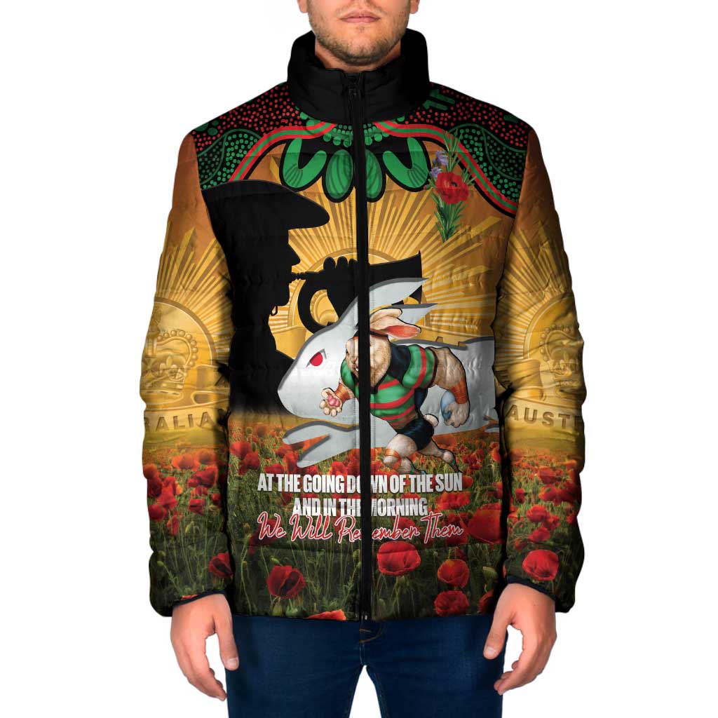 Personalised Rabbitohs Rugby ANZAC Day Padded Jacket Last Post Poppy We Will Remember Them