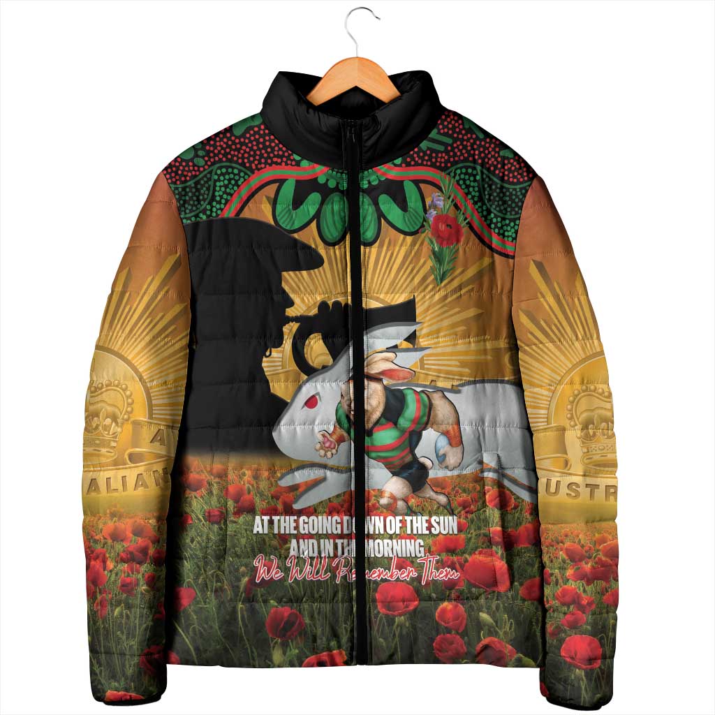 Personalised Rabbitohs Rugby ANZAC Day Padded Jacket Last Post Poppy We Will Remember Them