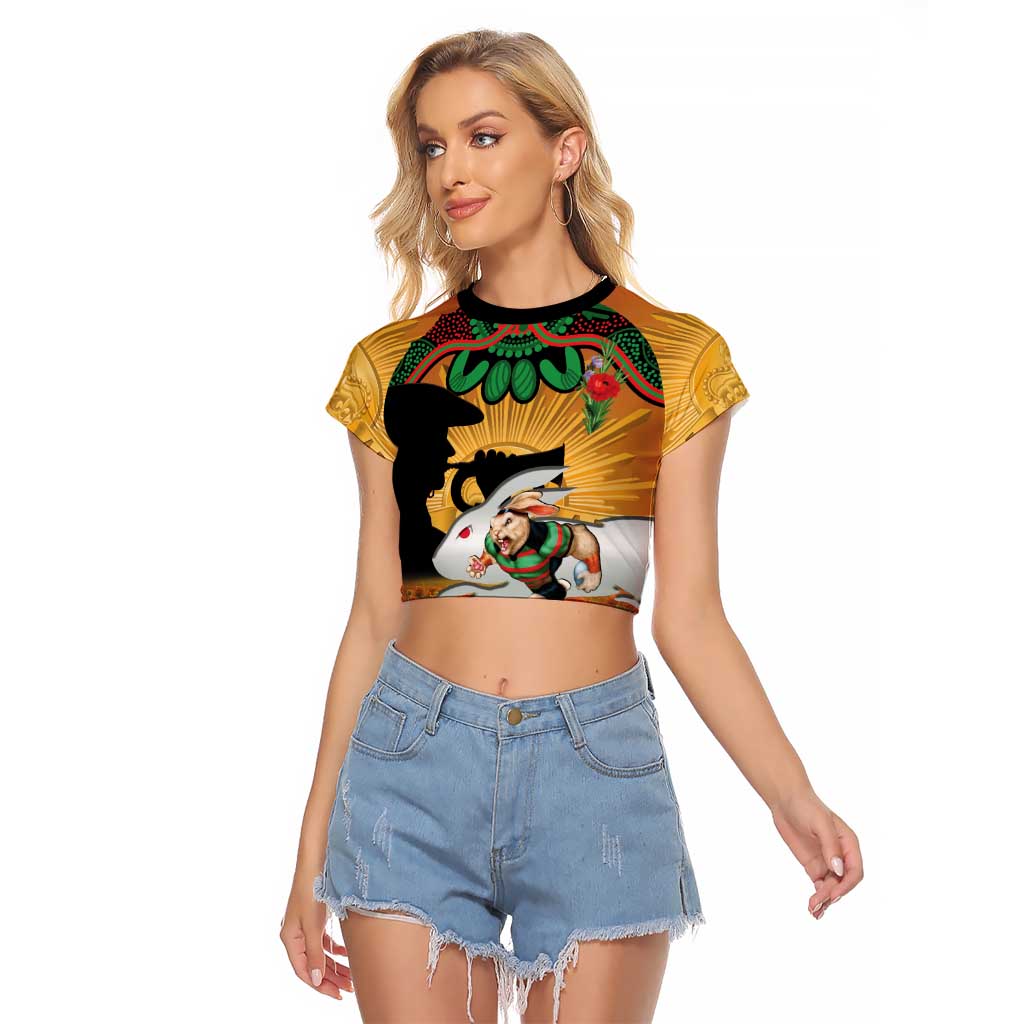 Personalised Rabbitohs Rugby ANZAC Day Raglan Cropped T Shirt Last Post Poppy We Will Remember Them