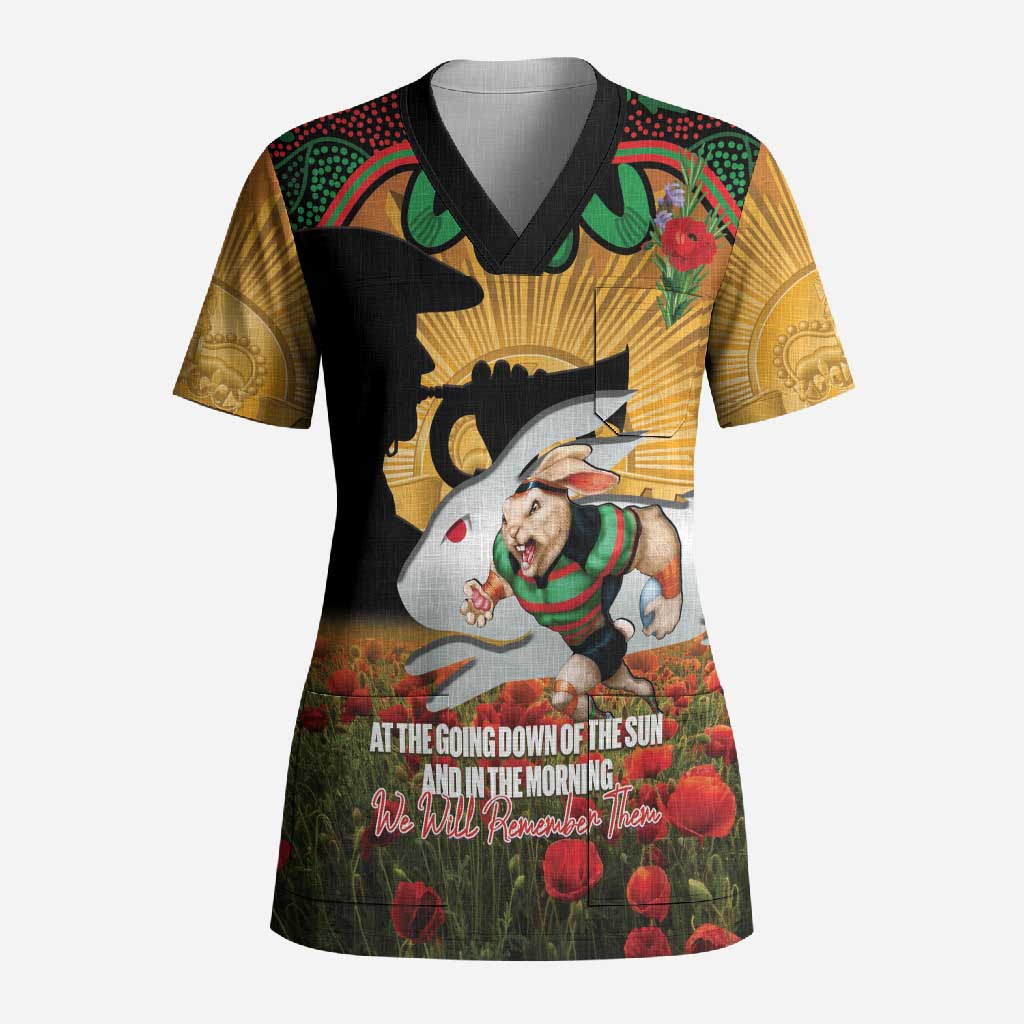Personalised Rabbitohs Rugby ANZAC Day Scrub Top Last Post Poppy We Will Remember Them